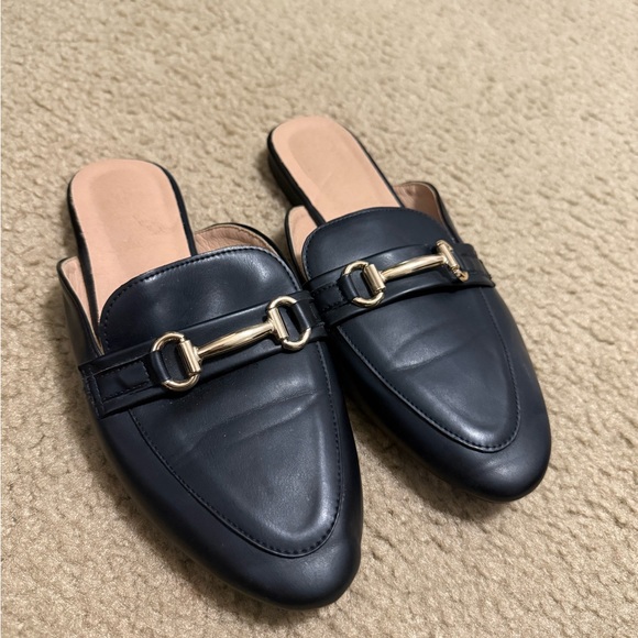 Shoes - Black Faux Leather Mules with Horsebit Detail